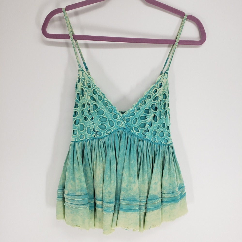 Oli & Hali Acid Wash Eyelet Peplum Camisole Top Women Small Teal Boho Festival